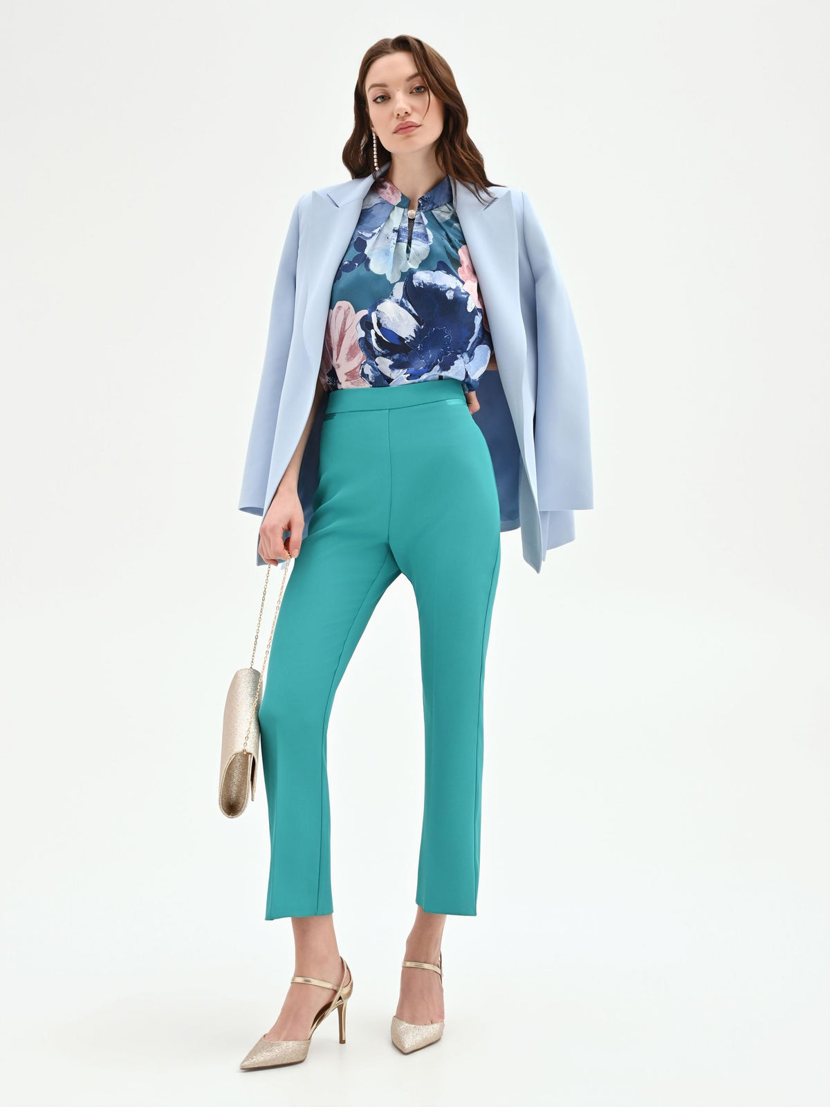 Pantalone turchese slim azzurro a vita alta