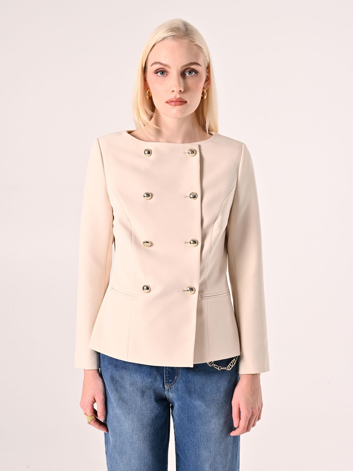 Giacca Doppiopetto in Tessuto Tecnico Beige Chiaro