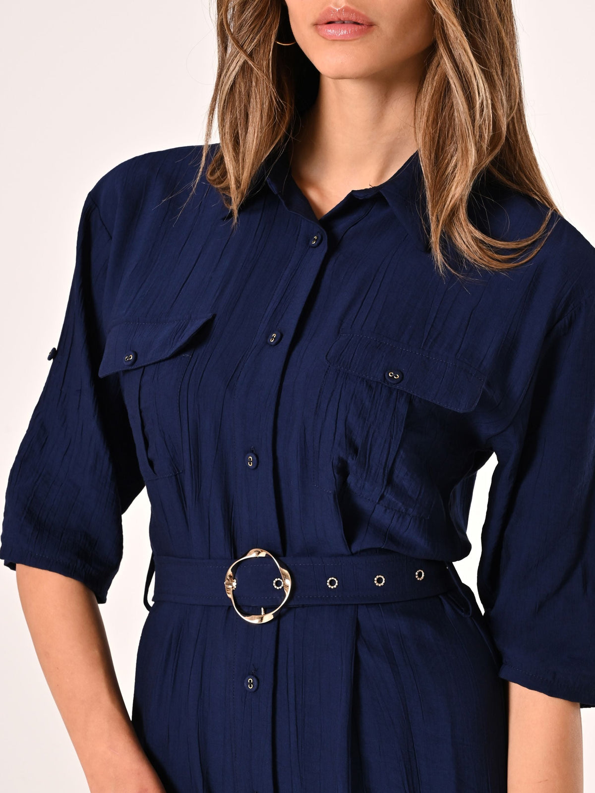 Chemisier Blu Navy in Misto Viscosa effetto Crinkle