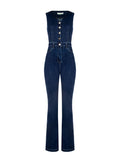 Tuta lunga in denim blu navy con bottoni a vista