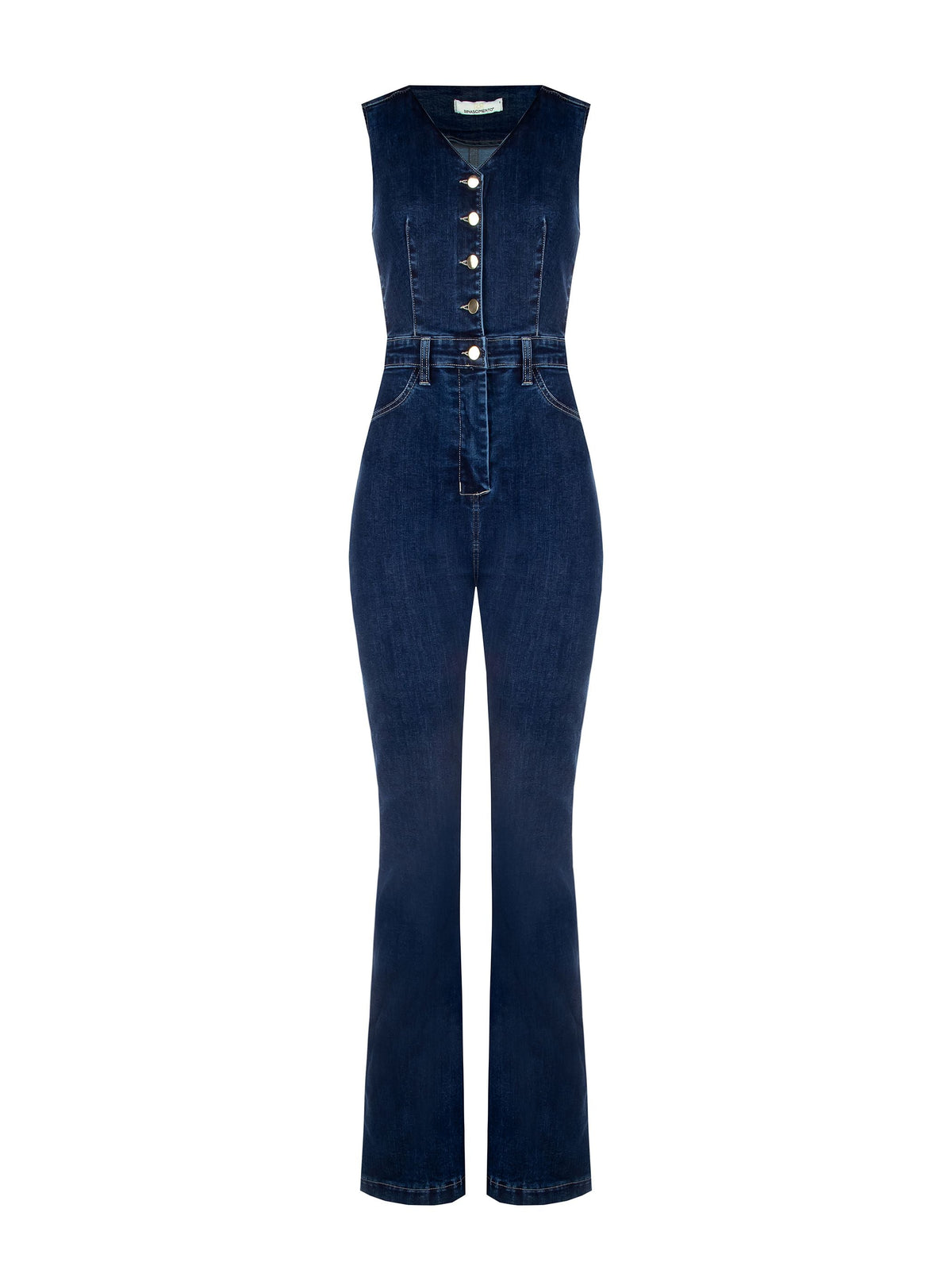 Tuta lunga in denim blu navy con bottoni a vista