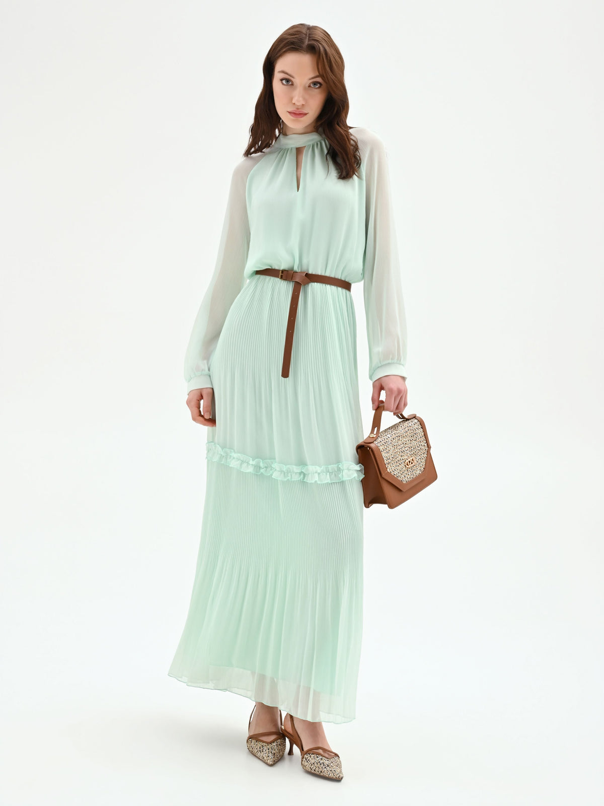 Abito lungo verde menta in georgette plissé