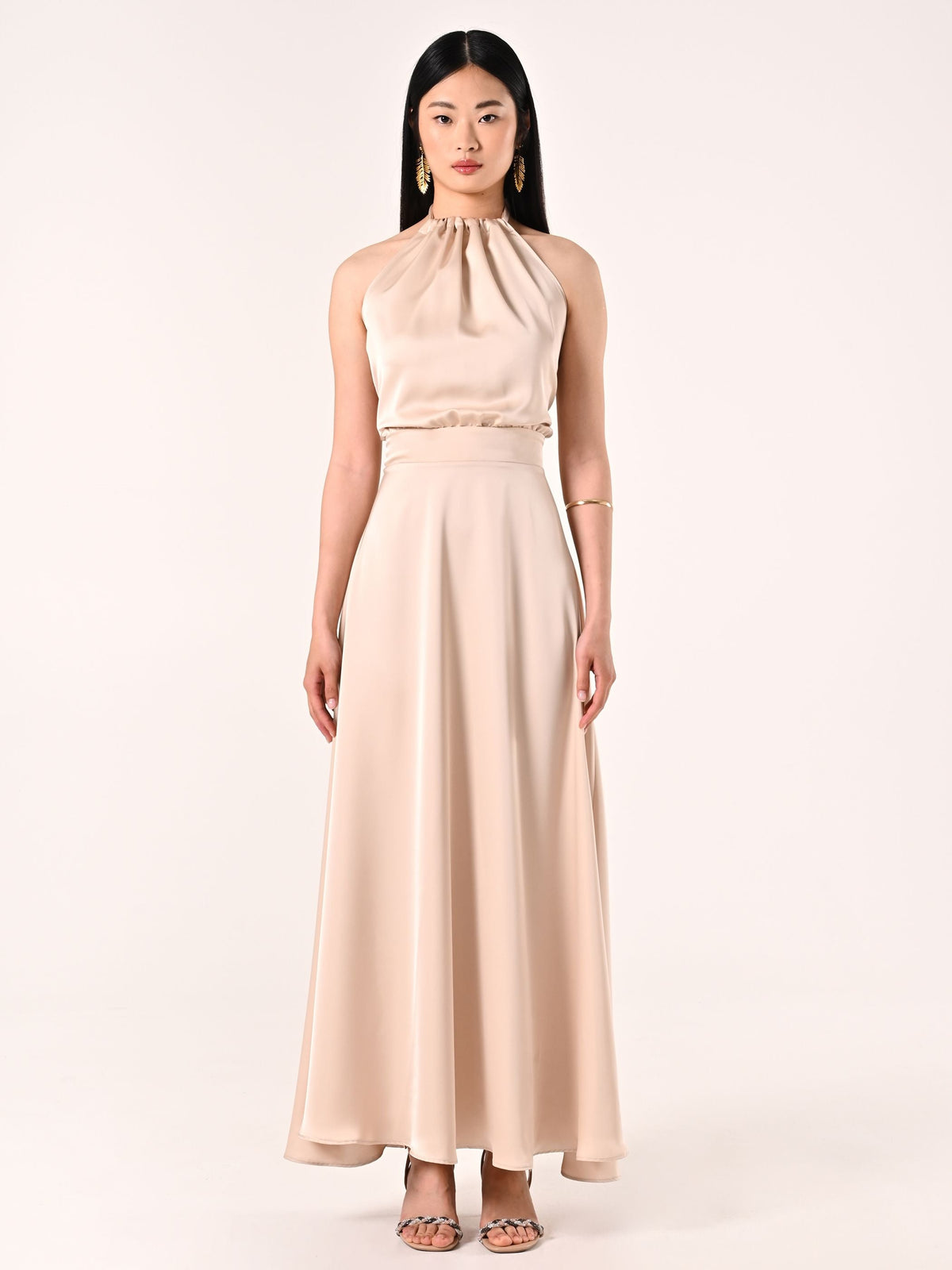 Abito Lungo in Raso Beige Chiaro