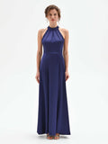 Abito lungo atelier blu indaco con collo alto drappeggiato