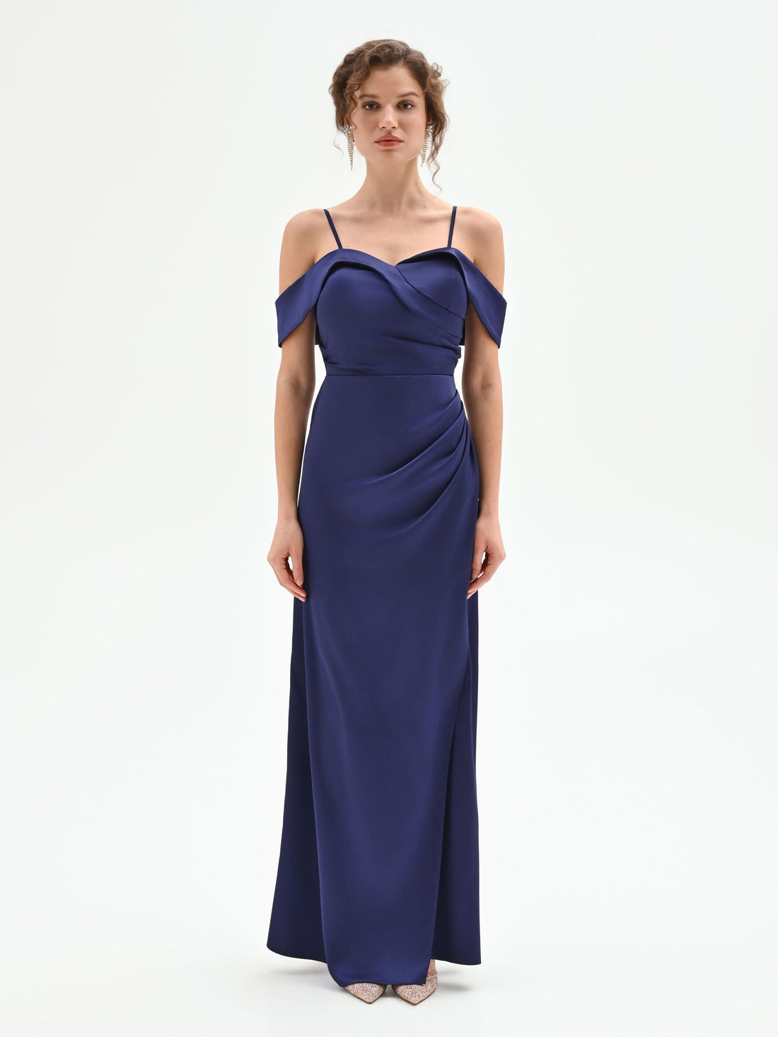 Abito lungo atelier blu indaco con drappeggio laterale