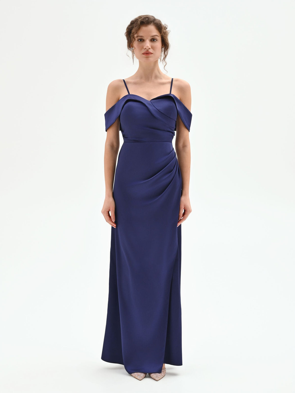 Abito lungo atelier blu indaco con drappeggio laterale