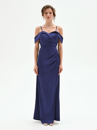 Abito lungo atelier blu indaco con drappeggio laterale