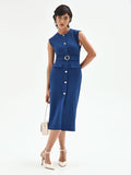 Tubino midi blu brillante con cintura