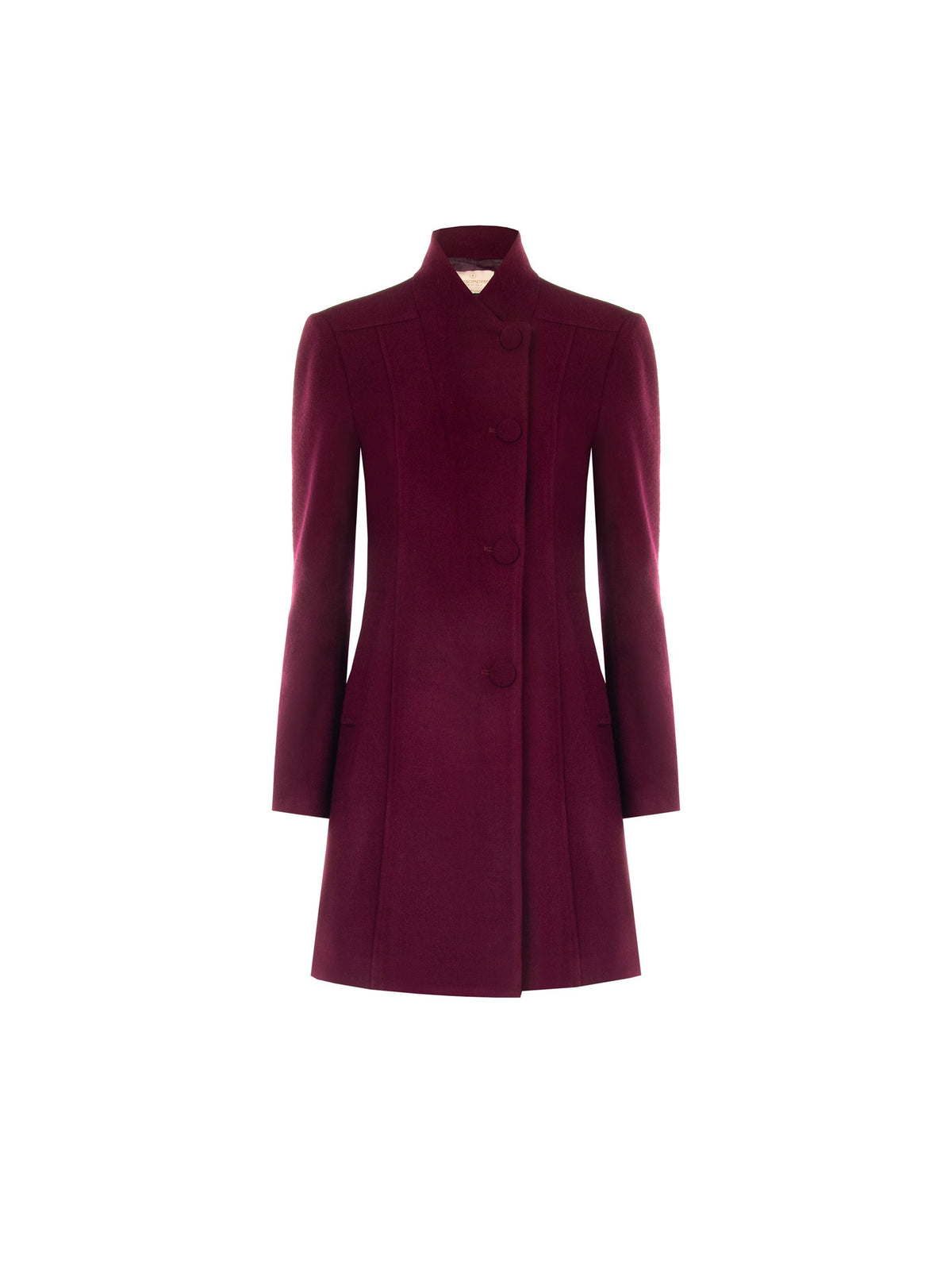 Cappotto bordeaux rosso con collo in piedi