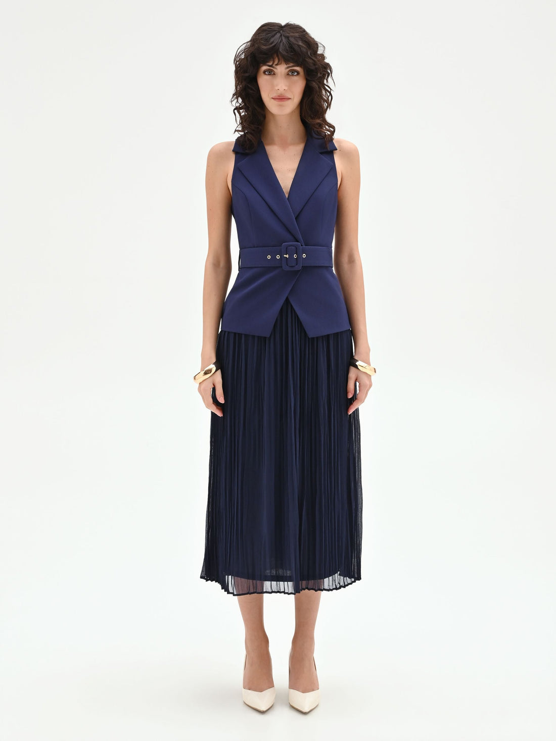 Abito midi blu navy con corpetto a gilet