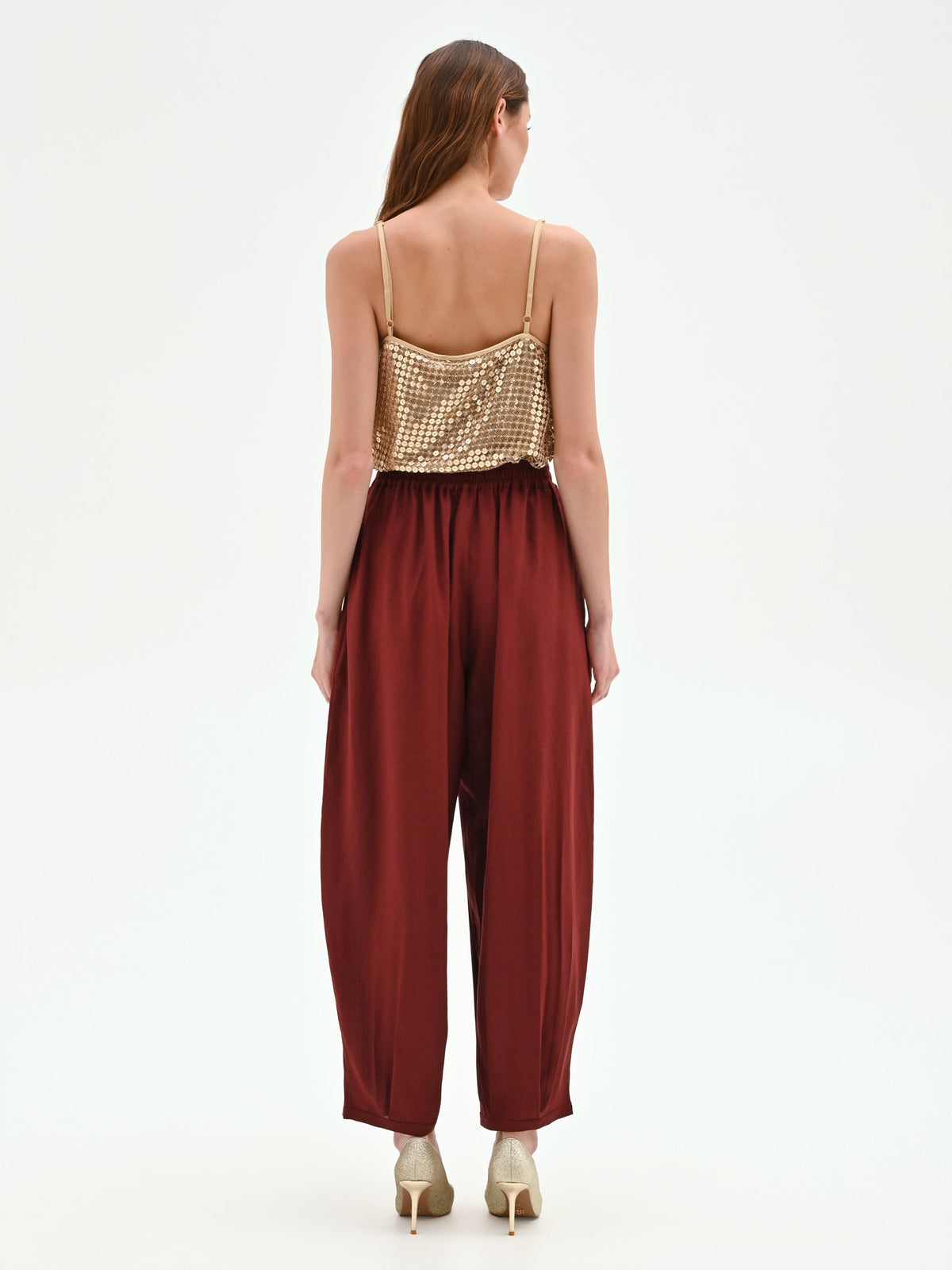 Pantalone bordeaux a palloncino in lino