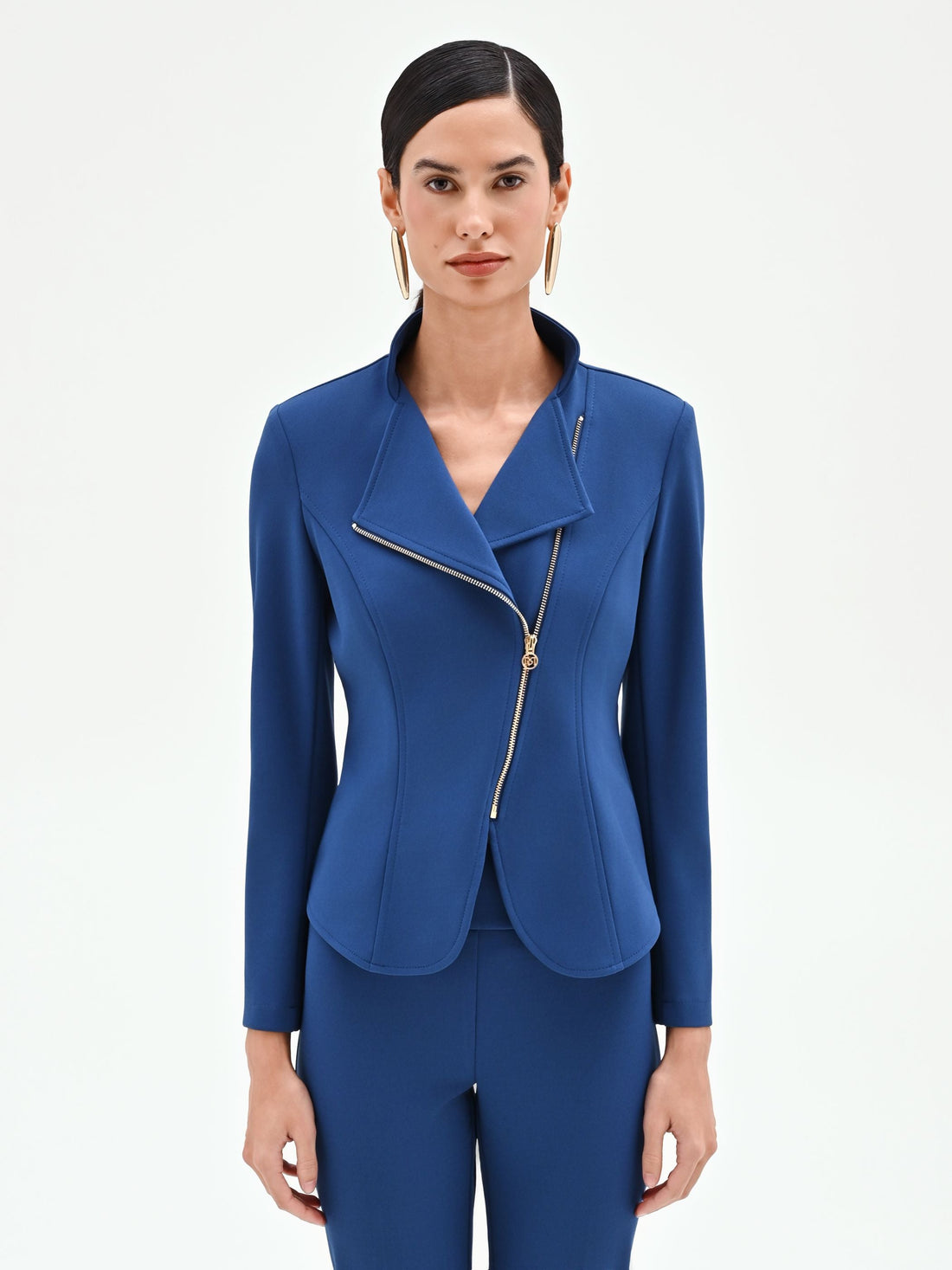 Giacca blu brillante con zip asimmetrica