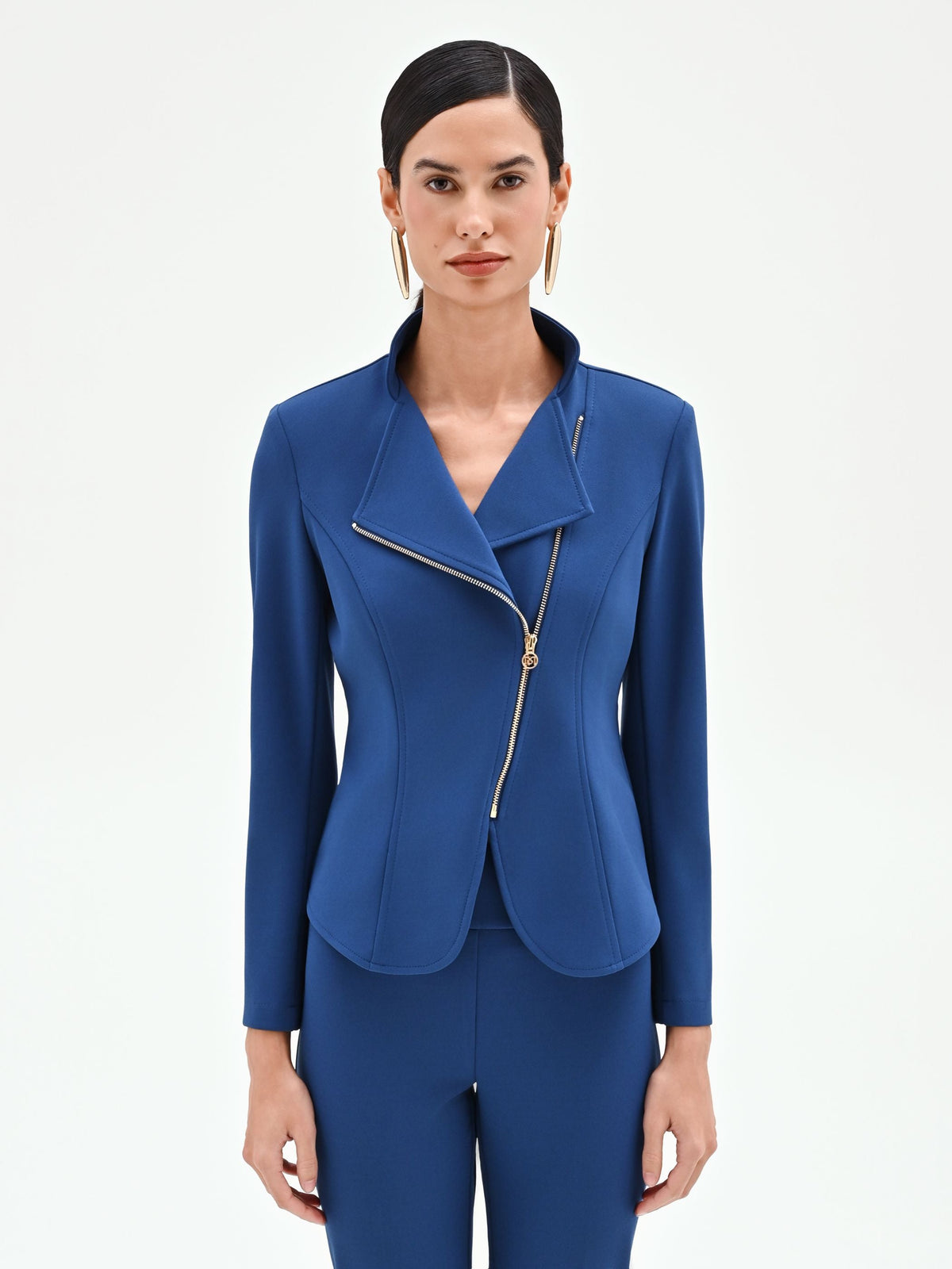 Giacca blu brillante con zip asimmetrica