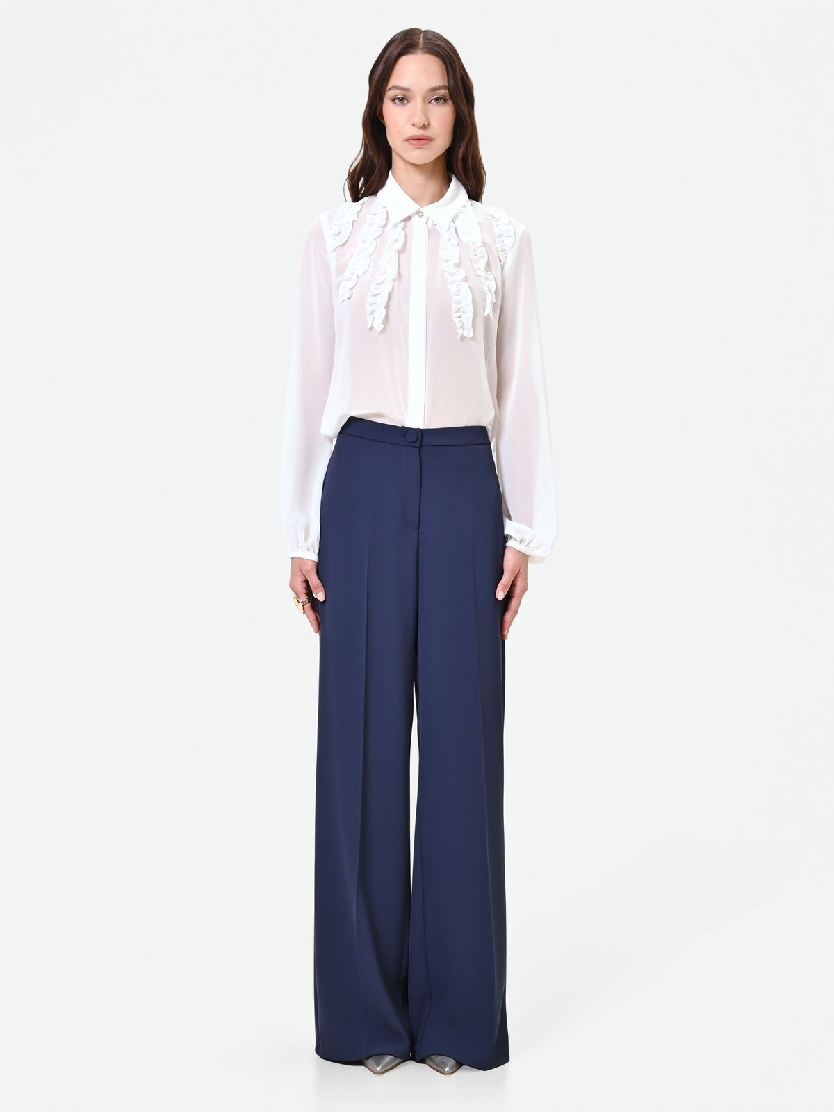 Pantalone a palazzo blu navy dalla linea fluida