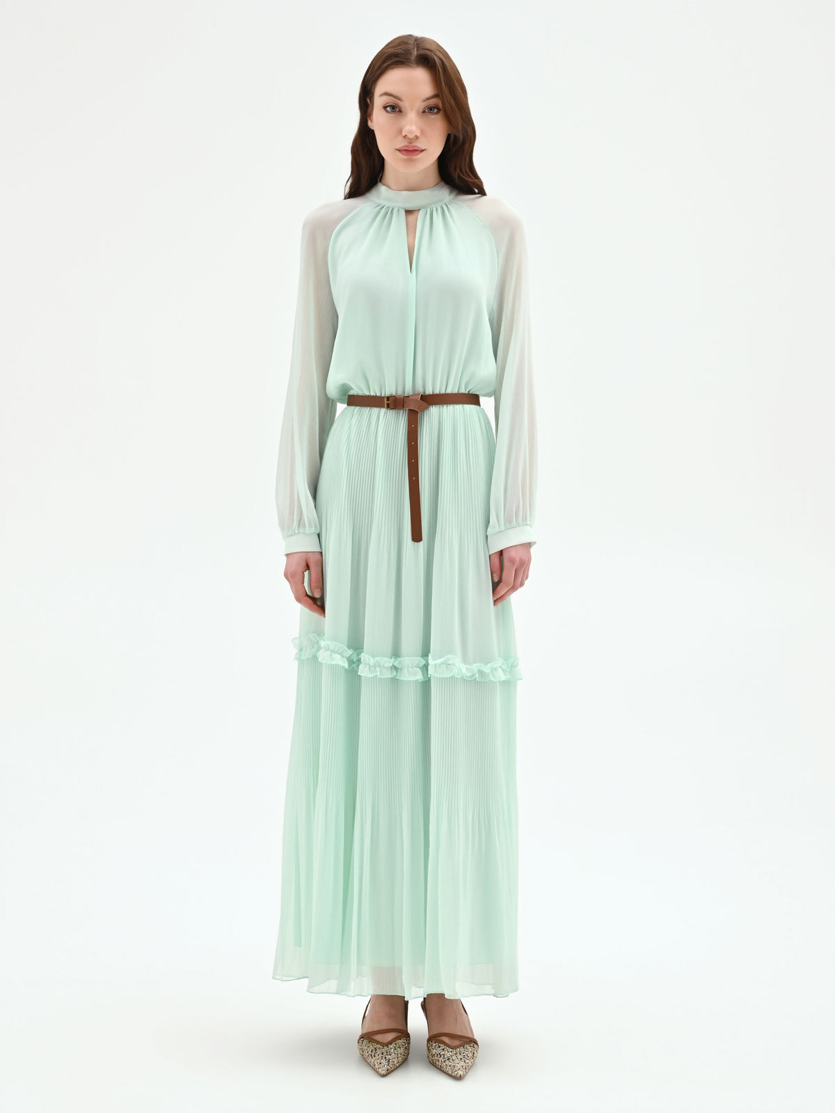 Abito lungo verde menta in georgette plissé