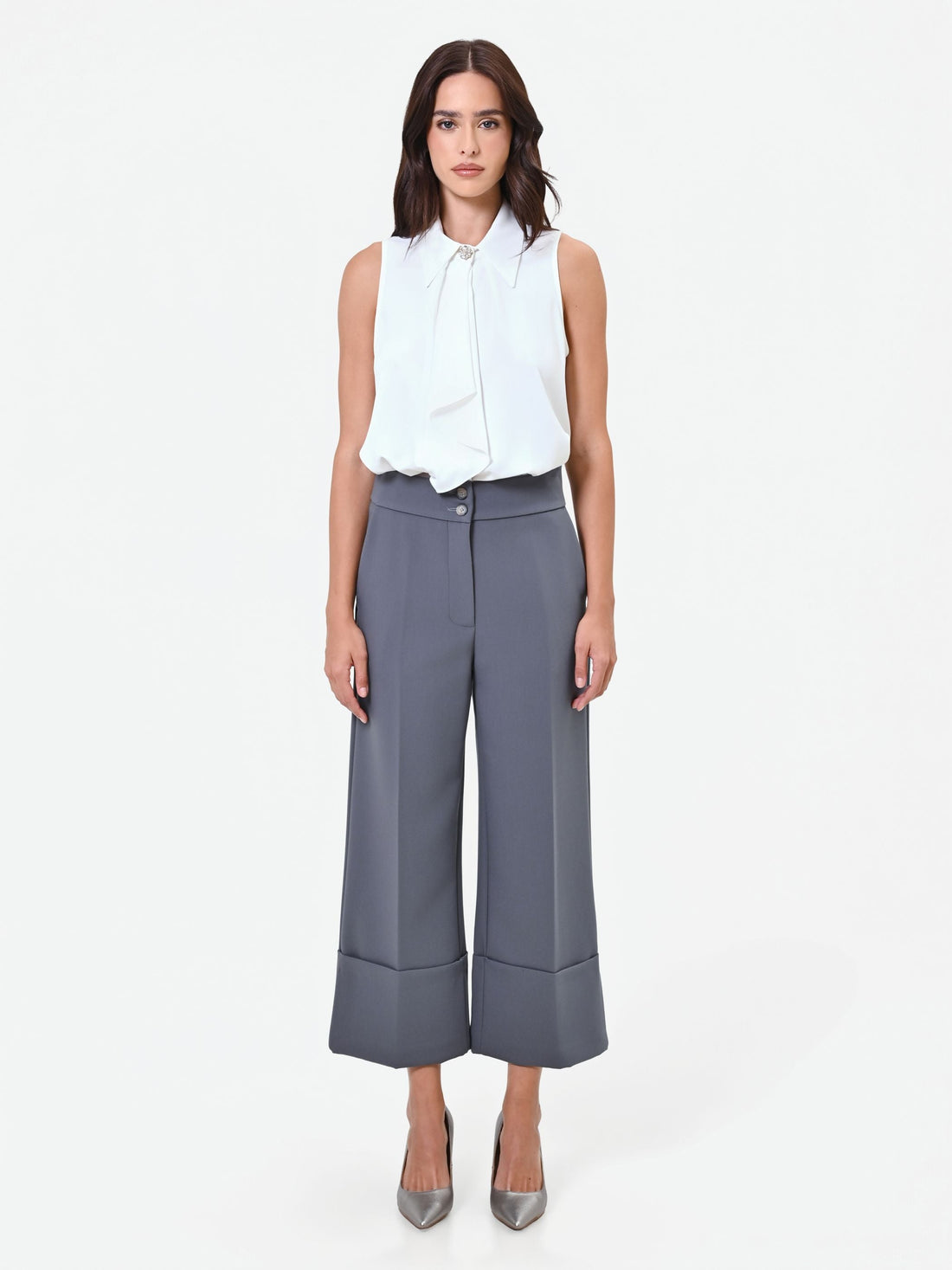 Pantalone culotte grigio con risvolto alto