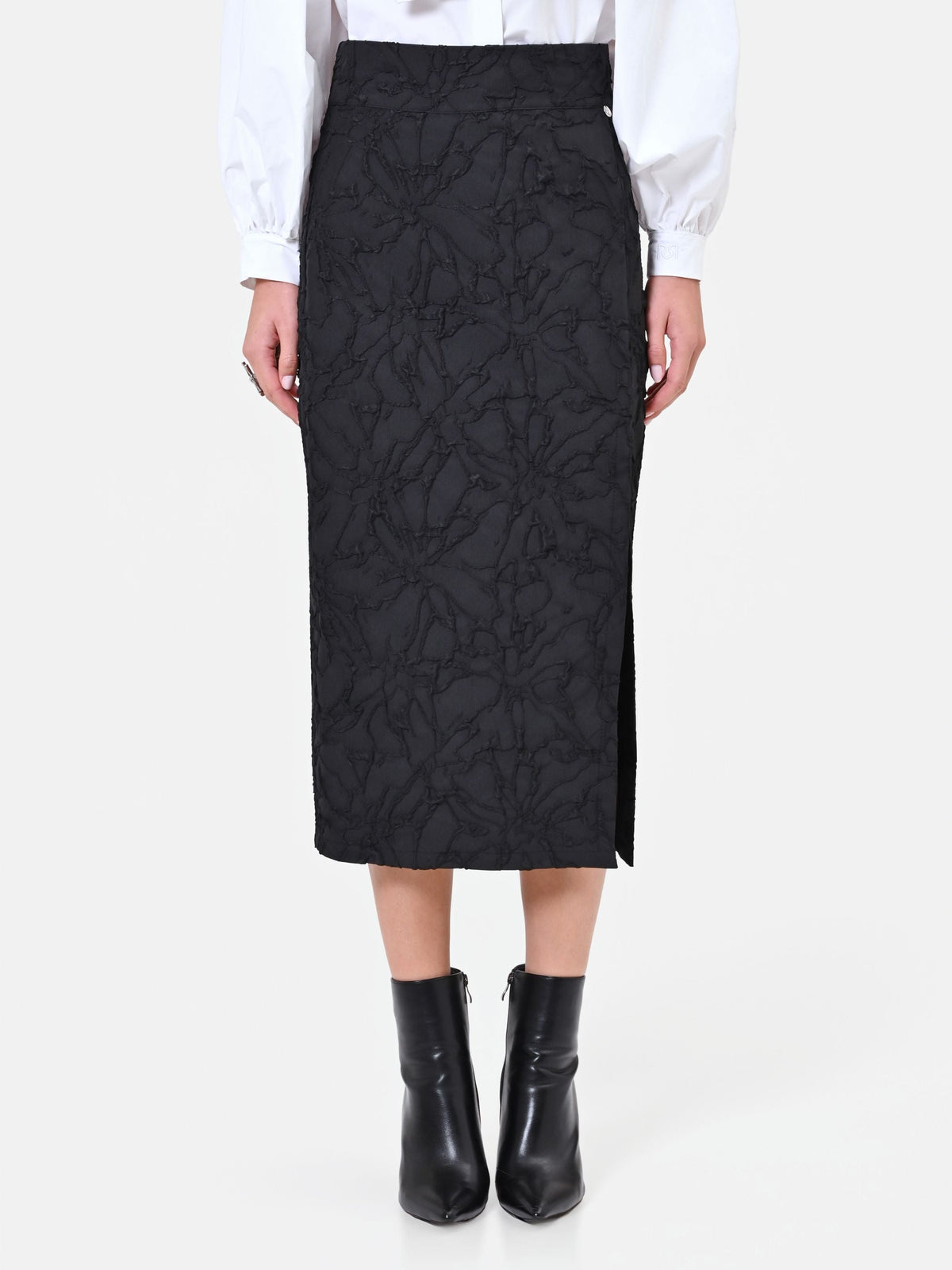 Gonna midi nera con spacco in tessuto jacquard