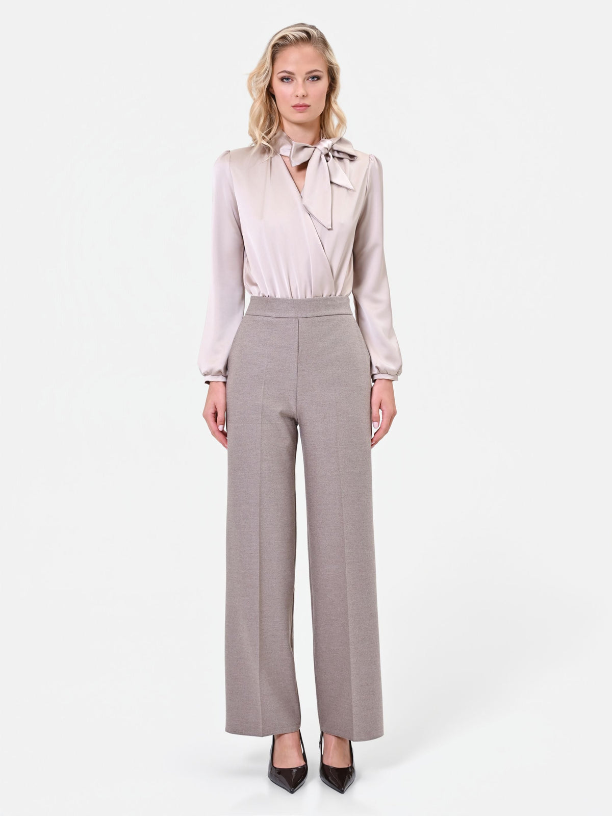 Pantalone a vita alta in misto viscosa tortora beige
