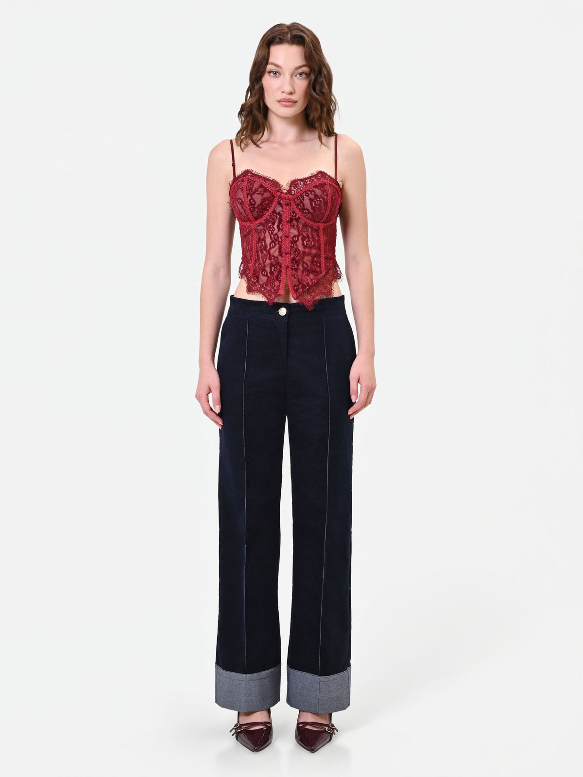 Top bustier bordeaux in pizzo floreale