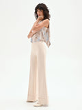 Pantalone a palazzo beige chiaro con risvolto