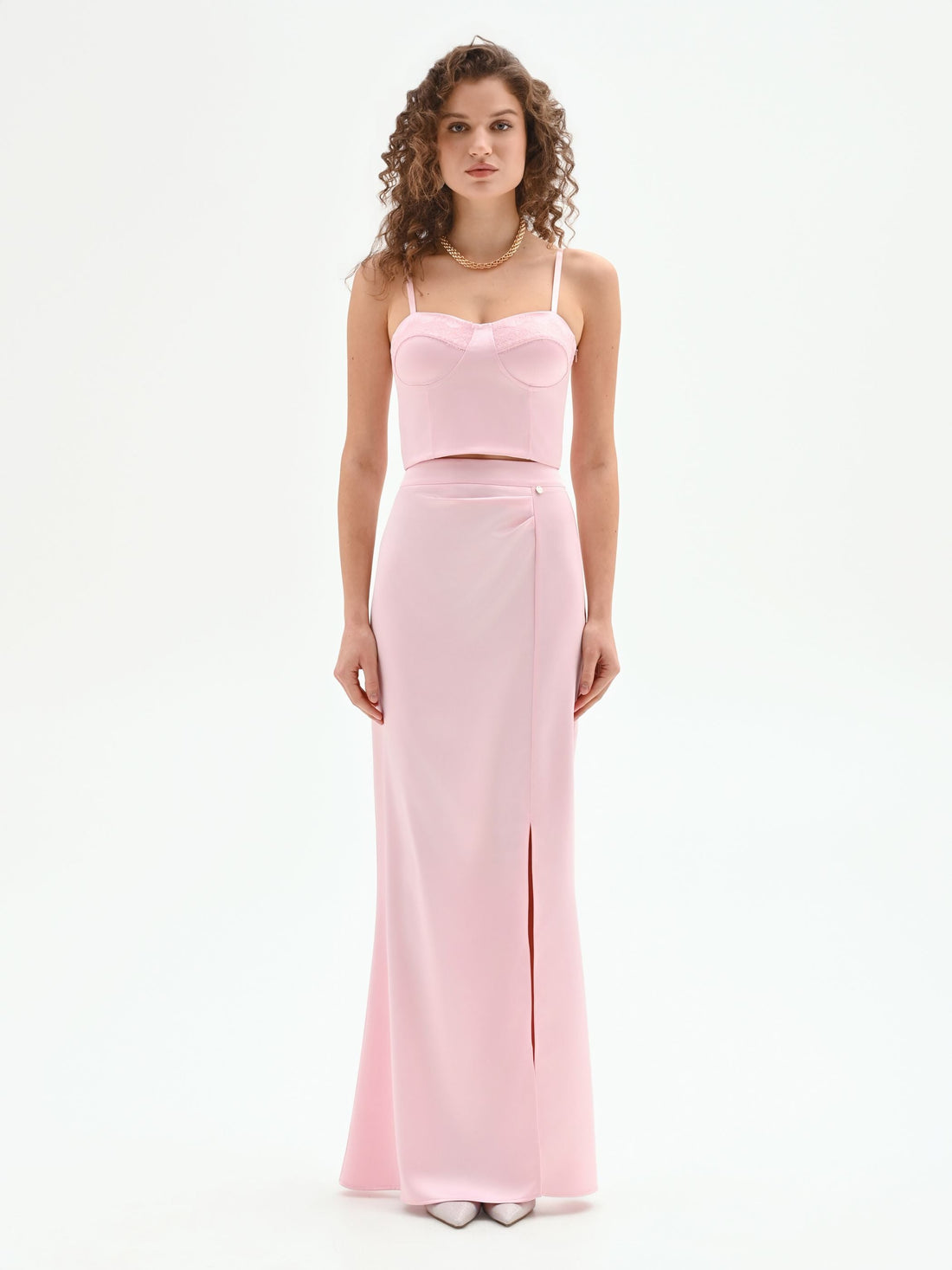 Gonna lunga rosa pastello in raso