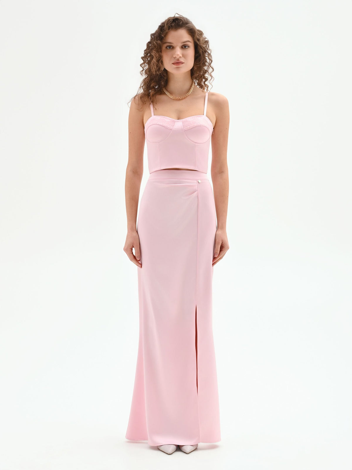 Gonna lunga rosa pastello in raso