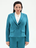 Giacca Curvy doppiopetto blu ottanio in scuba mano crepe