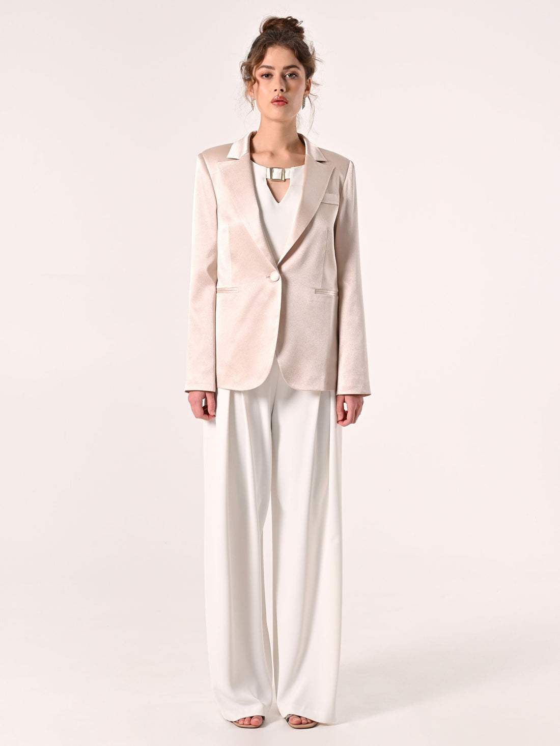 Giacca Monopetto in Raso Strutturato Beige