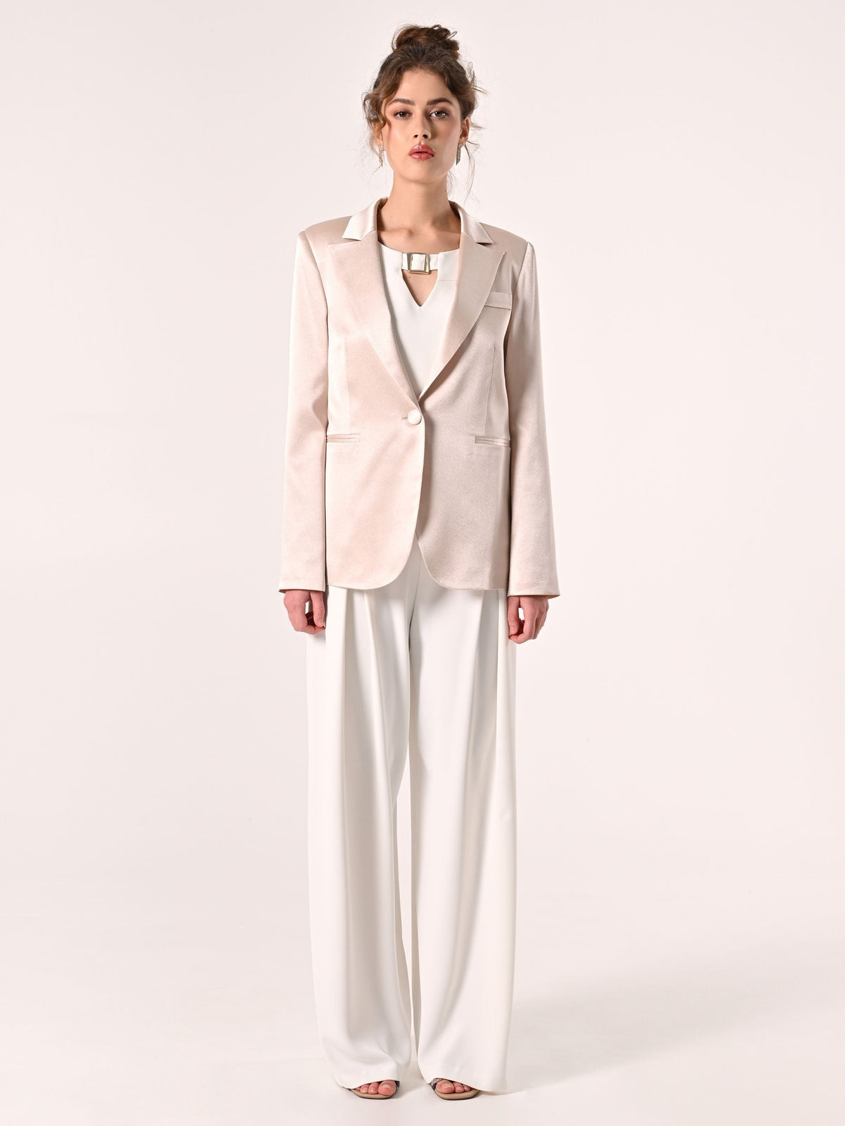 Giacca Monopetto in Raso Strutturato Beige