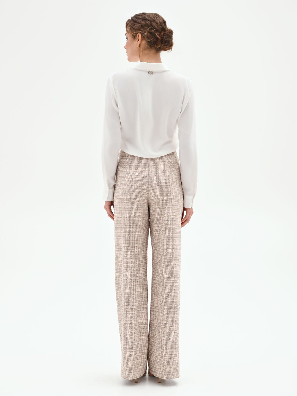 Pantalone a palazzo beige chiaro effetto tweed