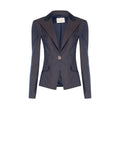 Giacca blu gessata con bottone gioiello