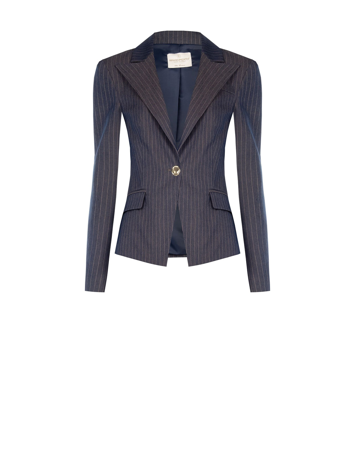 Giacca blu gessata con bottone gioiello