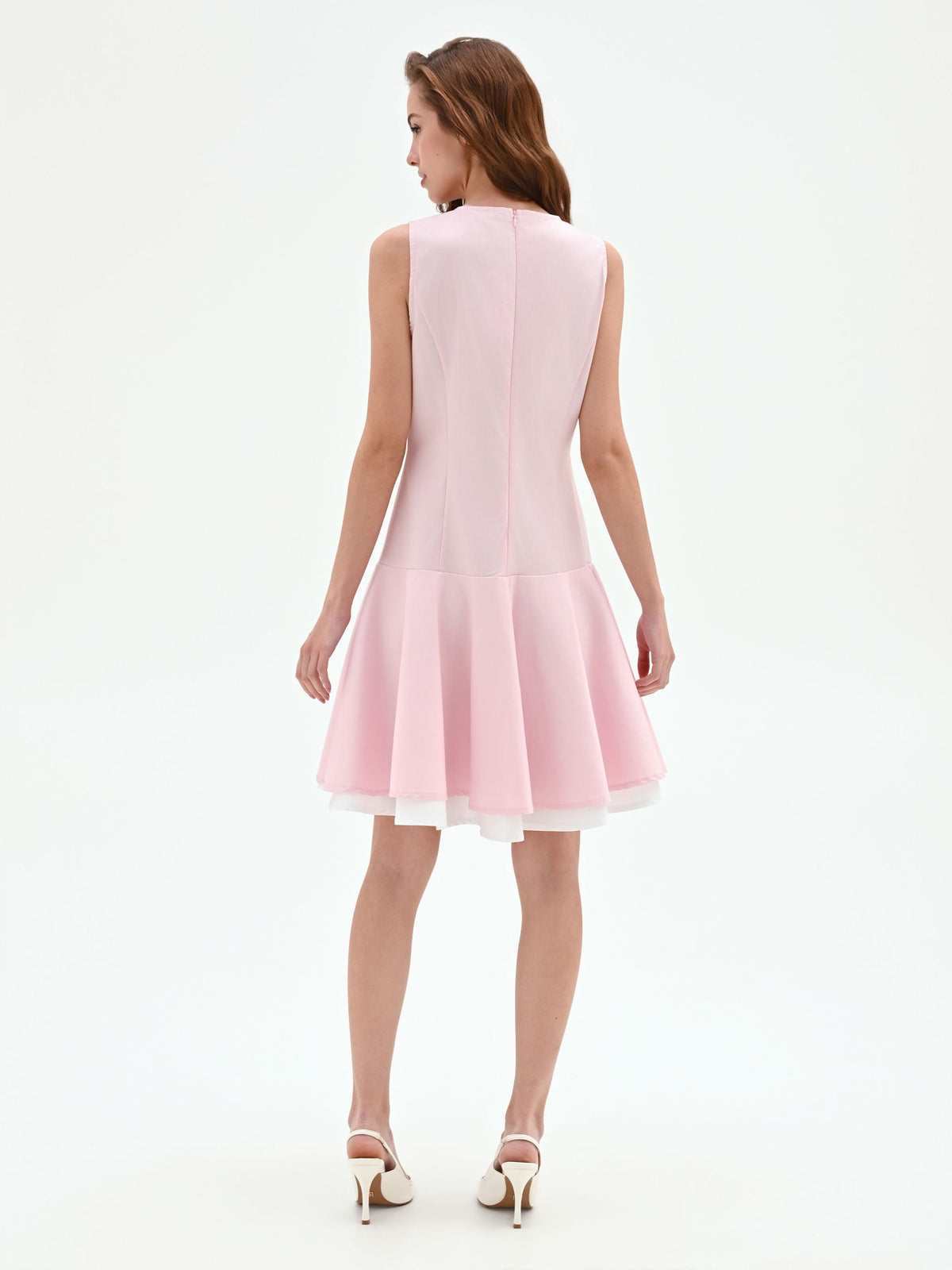 Abito rosa con gonna svasata in raso di cotone