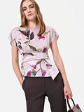 Blusa in raso tortora beige con stampa floreale