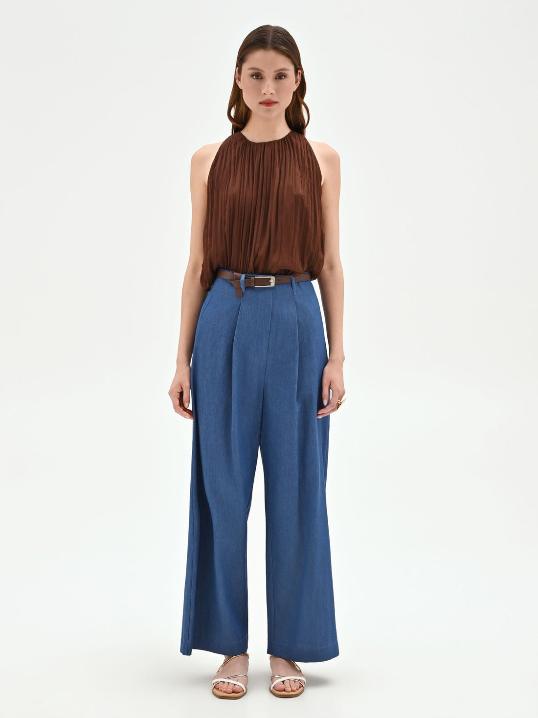 Pantalone a palazzo blu indaco con cintura