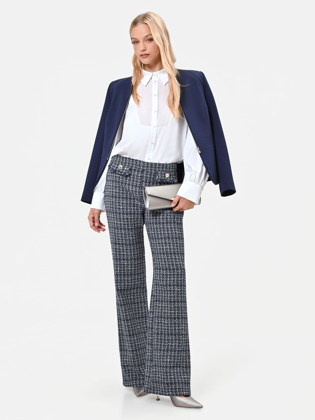 Pantalone dritto in tessuto bouclé blu navy