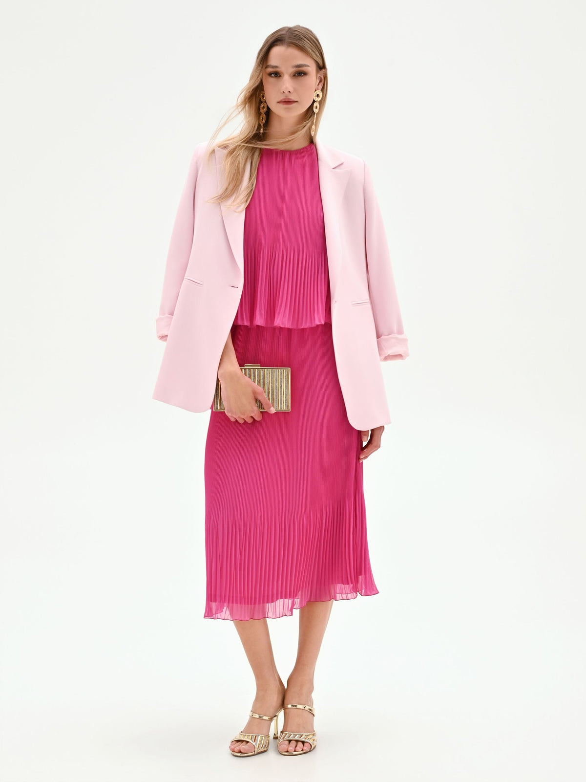 Abito midi fucsia con lavorazione plissé