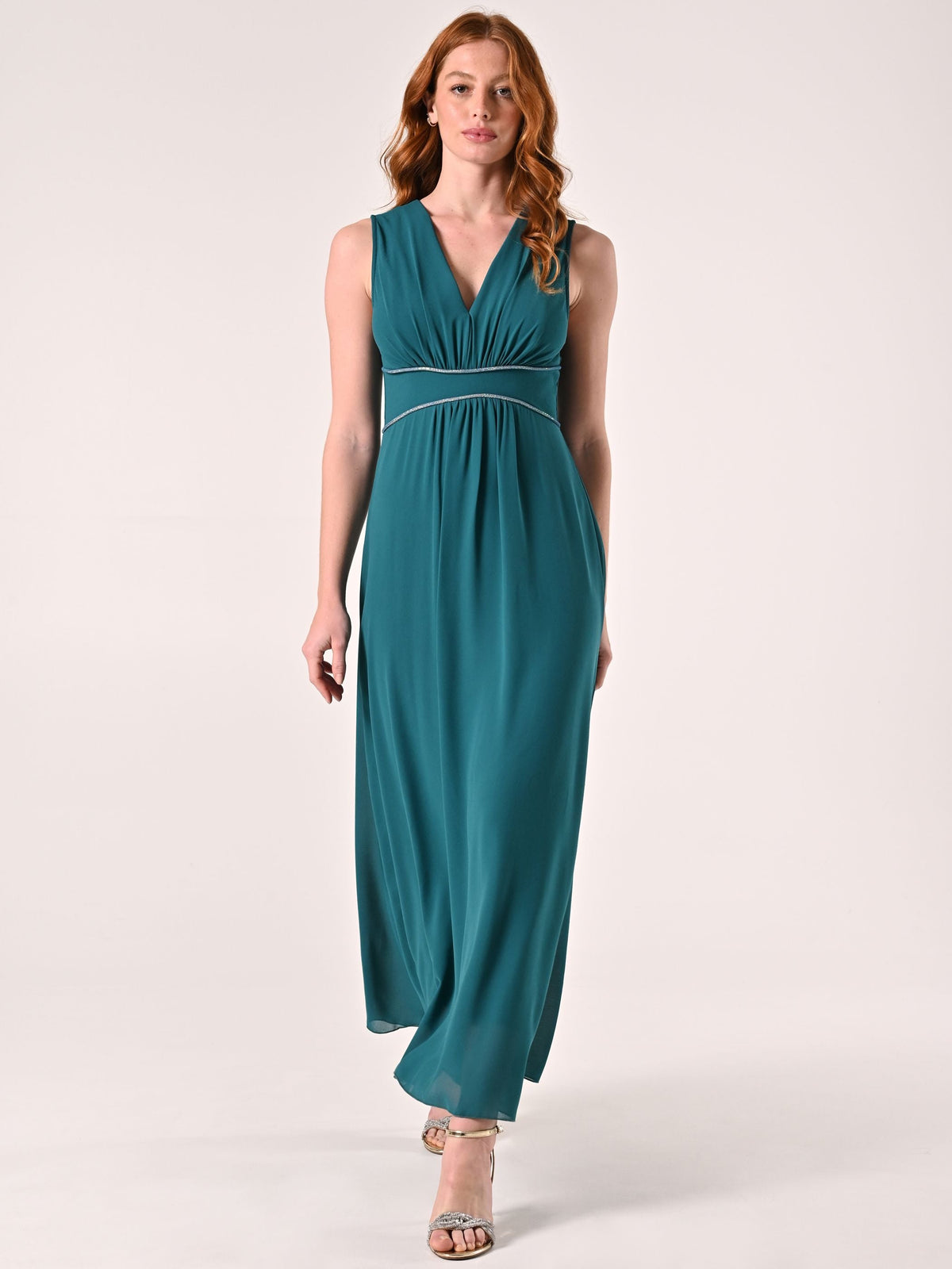 Abito Verde Reale Lungo con Piping Strass