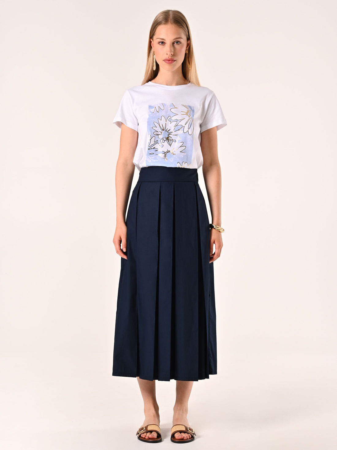 Gonna Midi a Ruota in Cotone Blu