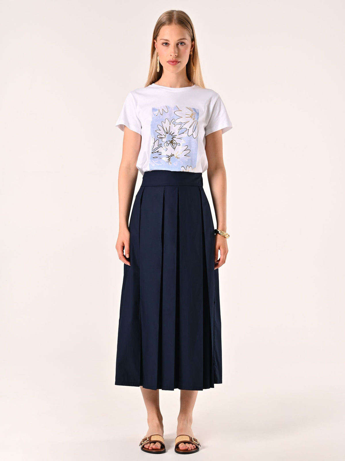 Gonna Midi a Ruota in Cotone Blu