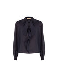 Blusa blu navy con collo a fiocco e volant