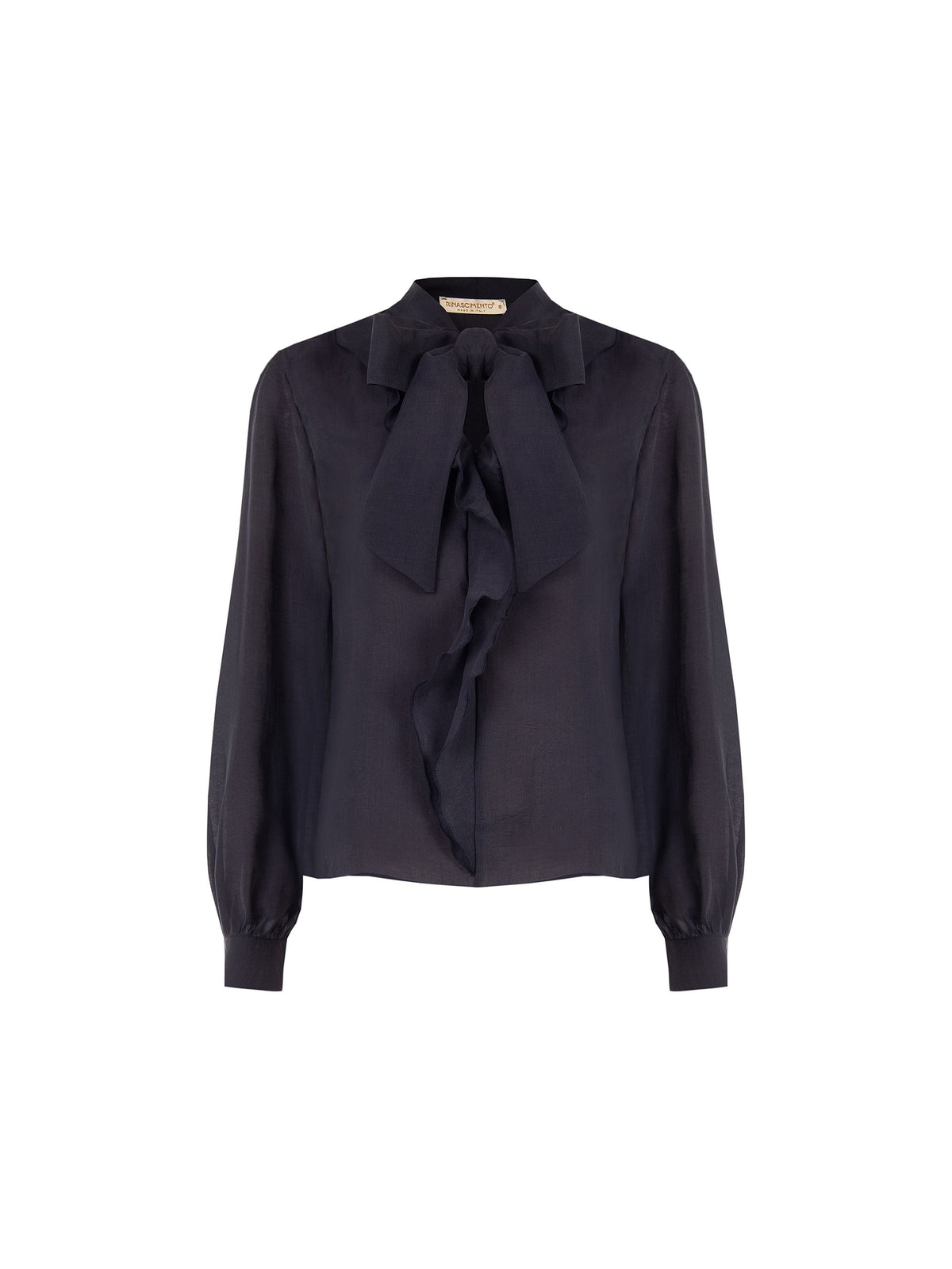 Blusa blu navy con collo a fiocco e volant
