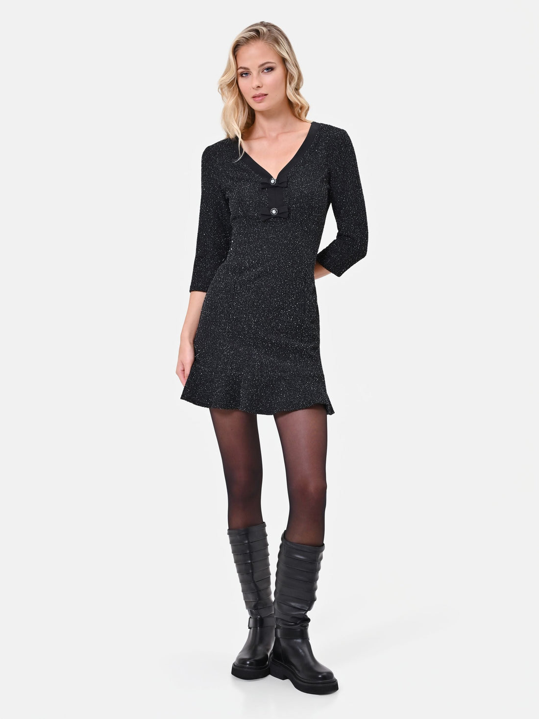 Abito corto nero in tweed con fiocchi