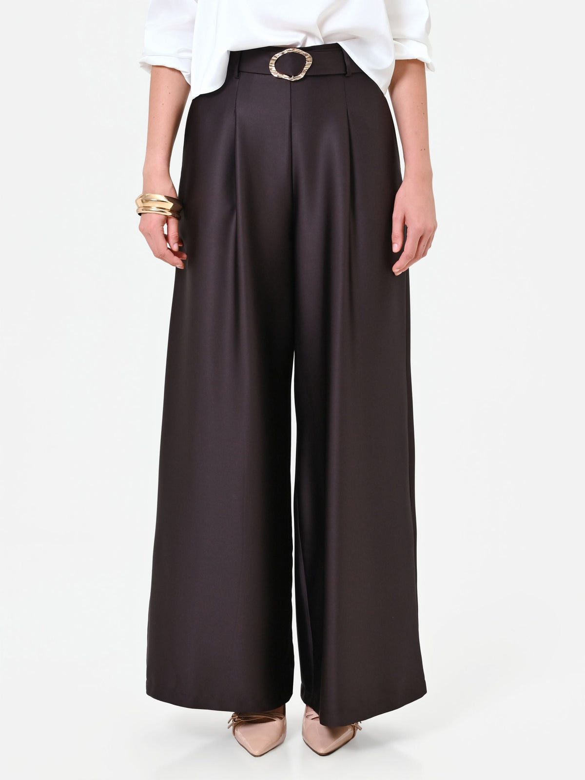 Pantalone palazzo moro marrone con cintura in raso