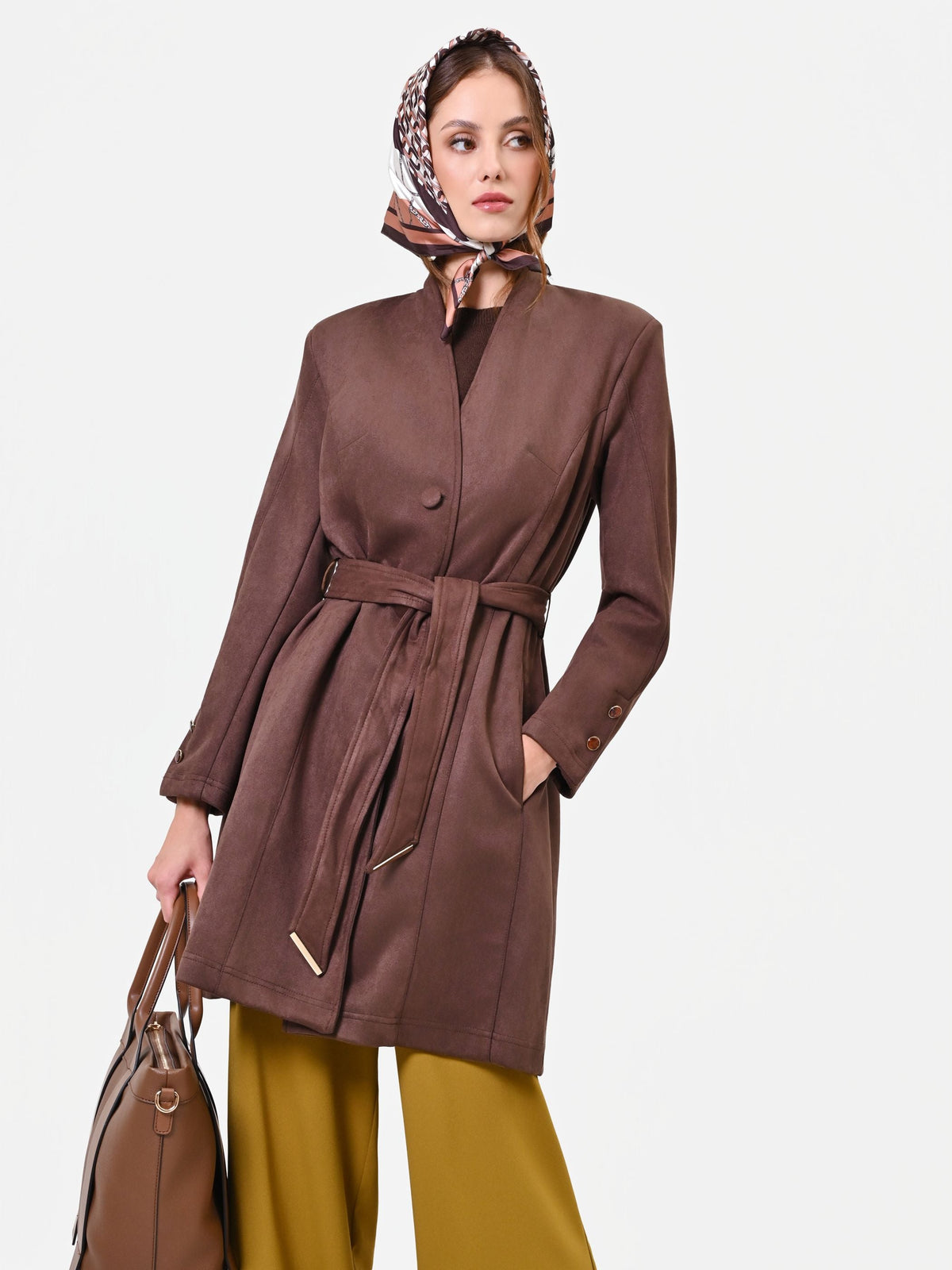 Trench marrone effetto scamosciato con cintura