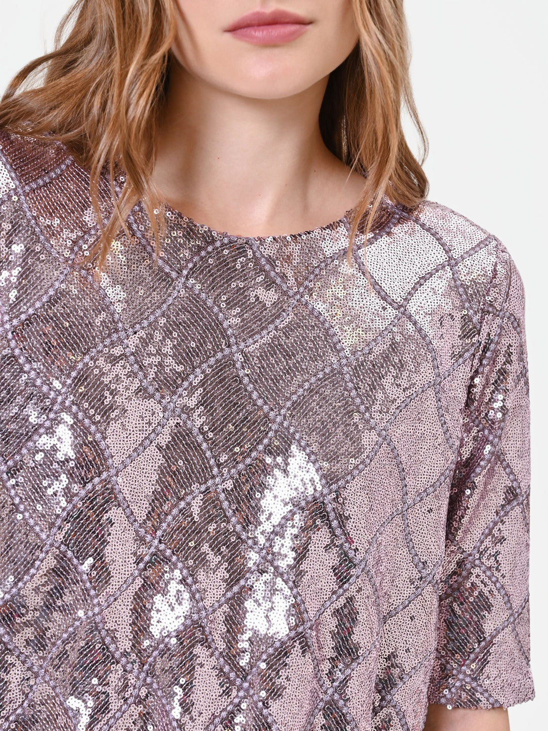 Blusa rosa antico in paillettes con disegno a rombi