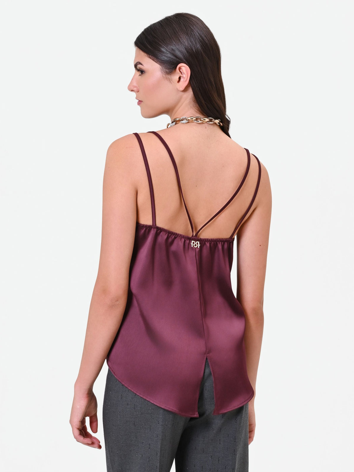 Top in raso bordeaux rosso con doppie spalline Giorgia Palmas X Rinascimento