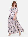 Abito Curvy  lungo a fiori blu navy in raso