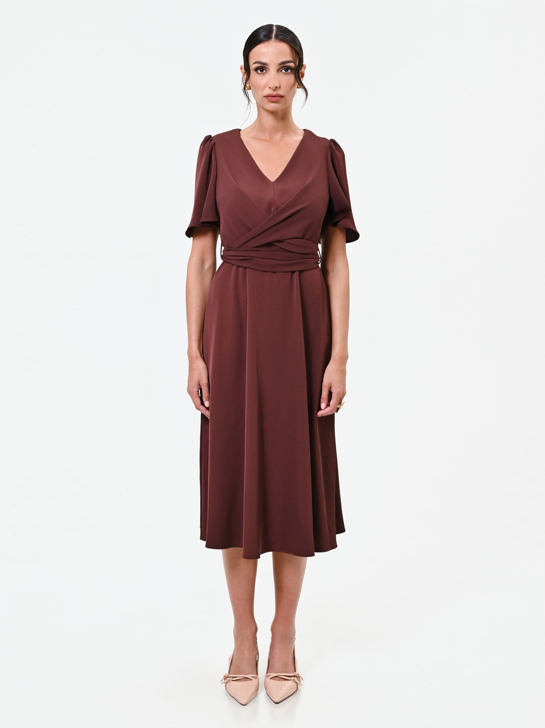 Abito midi marrone in raso
