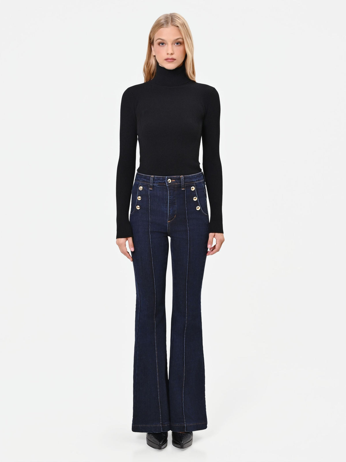 Jeans a zampa blu navy stile marinière high waist